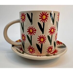 Hazel Mazel Red Daisy Stoneware Mug and Saucer Set Wax Relief Floral HM0172A NWT